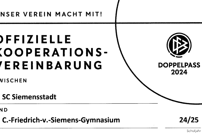 Offizielle Kooperationsvereinbarung zwischen SC Siemensstadt und C.-Friedrich-v.-Siemens-Gymnasium f&uuml;r Doppelpass 2024.