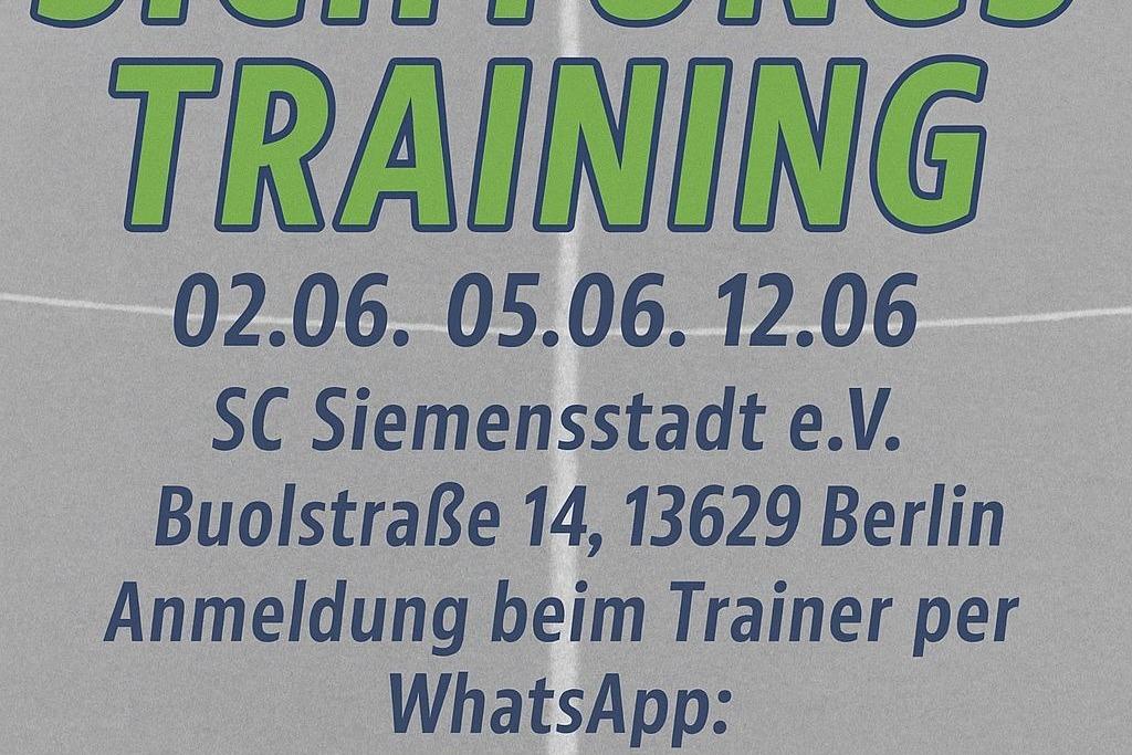 Plakat zum Sichtungstraining der B-Jugend mit Terminen, Adresse und Kontaktinformationen des SC Siemensstadt, Berlin.