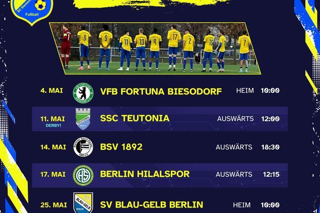 Spielplan der Saison 24/25 mit sechs Fußballspielen, inklusive Daten, Gegner und Spielorte. Team in gelben Trikots.