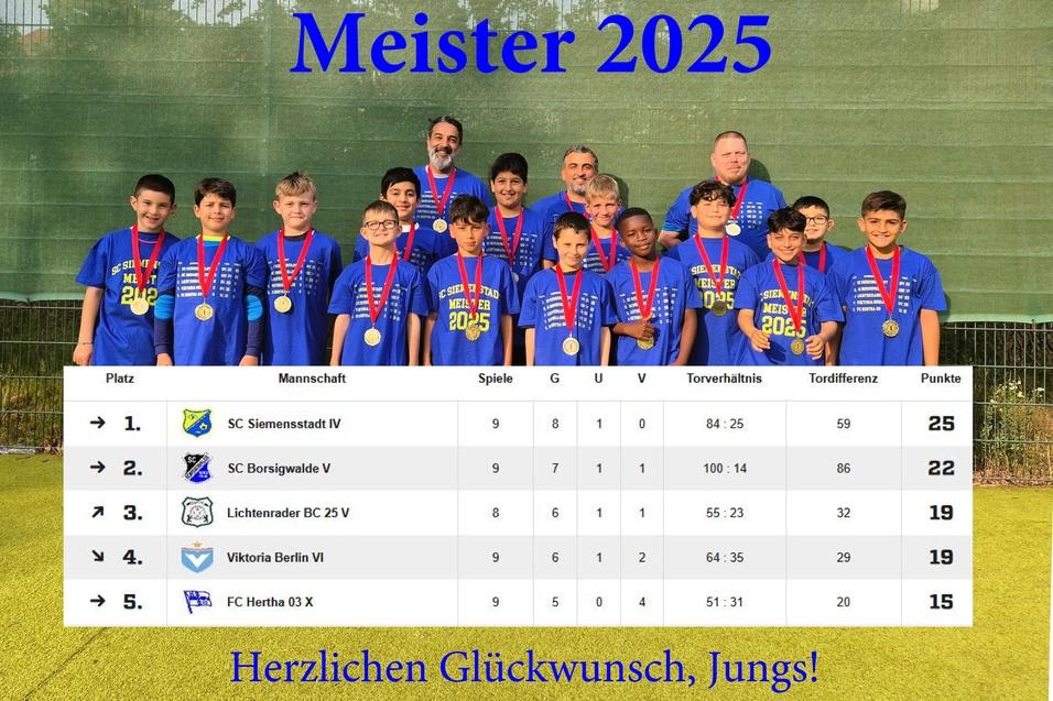 Gruppenfoto der Meistermannschaft 2025 mit Medaillen und Pokal auf einem Sportplatz vor einer Netzwand.