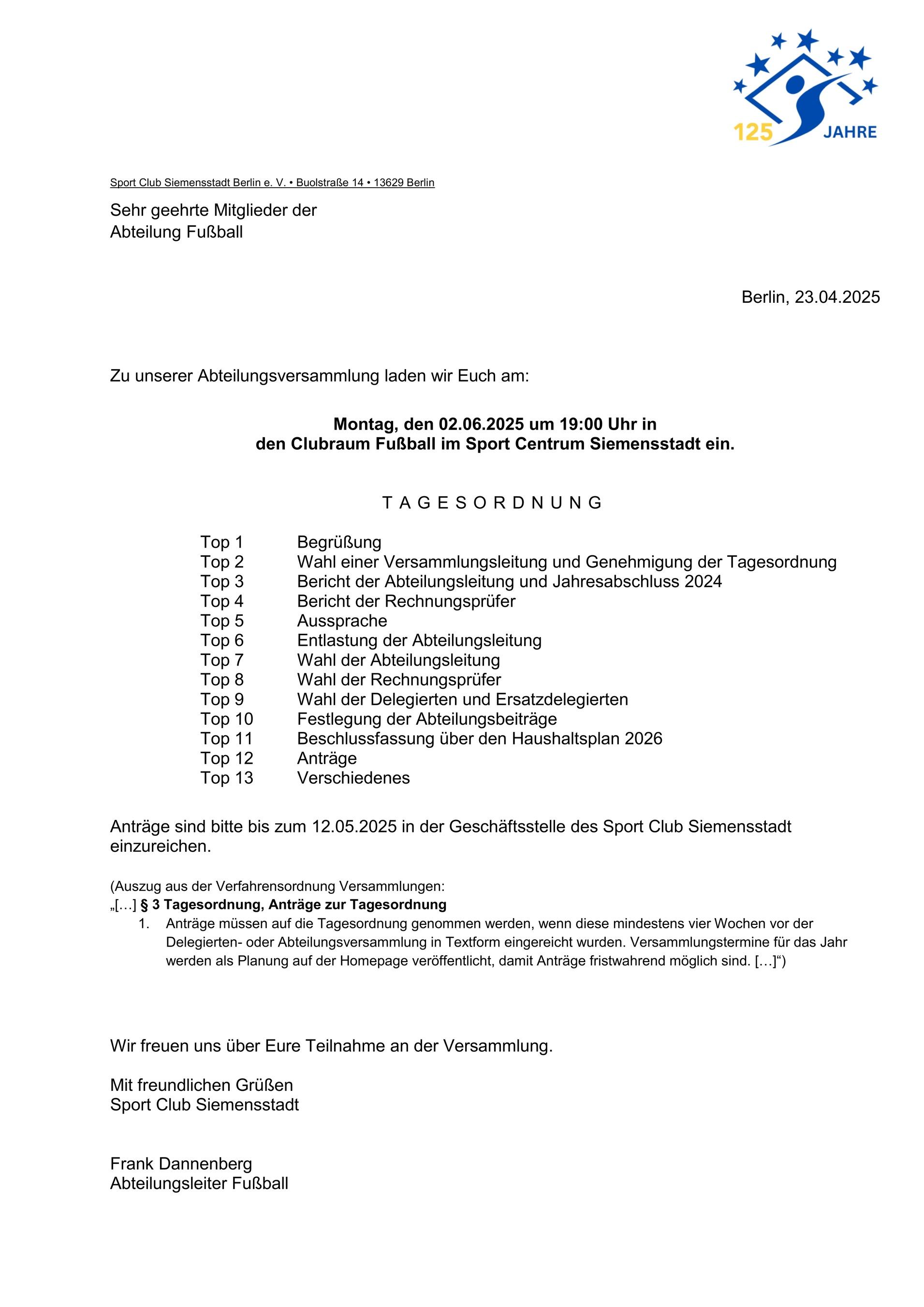 Einladung zur Abteilungsversammlung des Sport Club Siemensstadt mit Tagesordnung und Antragsfristen.