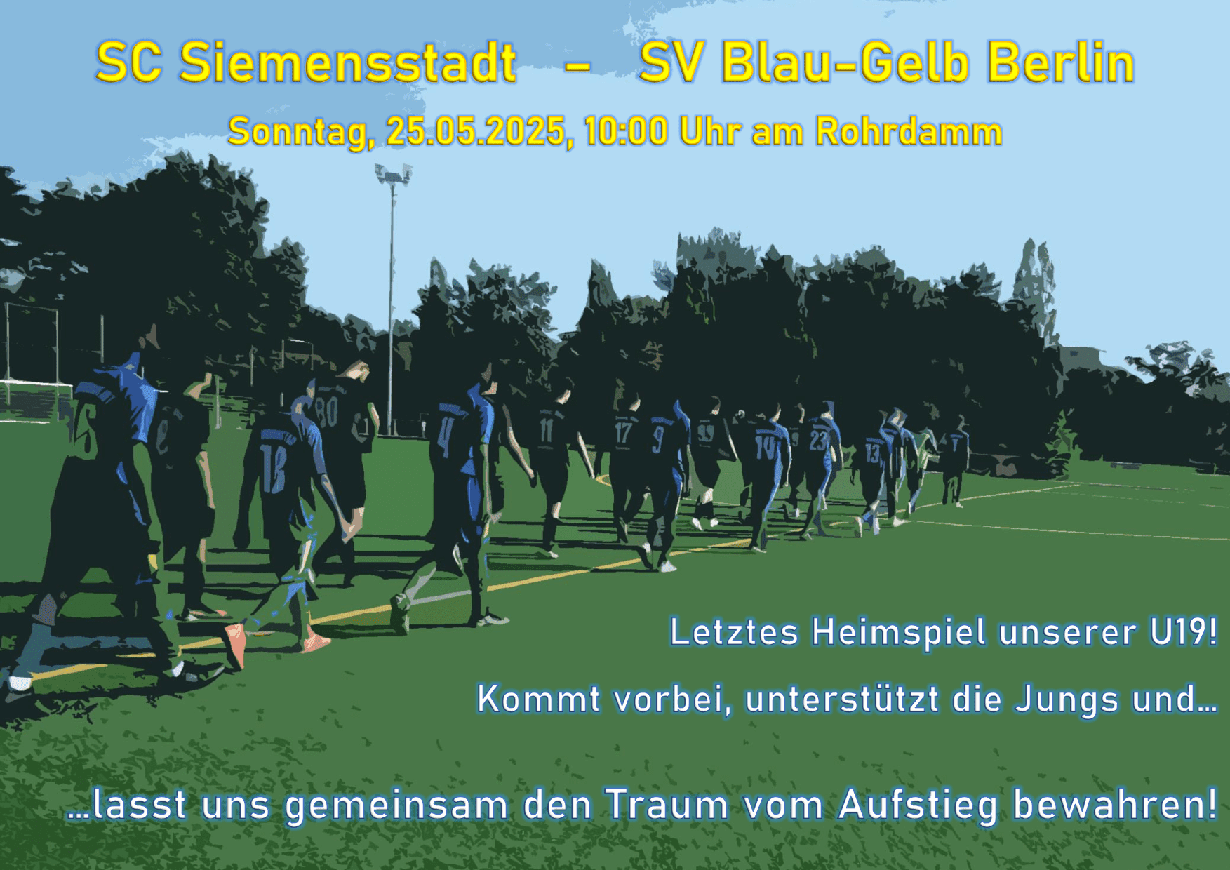 Gruppe von Fußballspielern in blauen Trikots läuft auf einem Sportfeld, im Hintergrund Bäume und ein klarer Himmel.