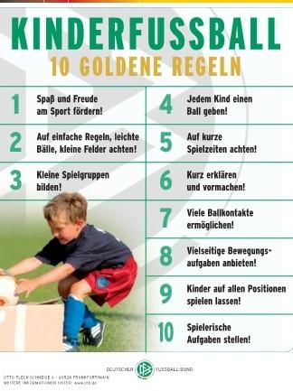 Grafik mit den „10 goldenen Regeln“ für Kinderfußball, inklusive Tipps zur Förderung von Spaß und Fairness im Spiel.