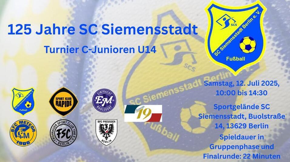 Grafik zum 125-jährigen Jubiläum des SC Siemensstadt mit Turnierdetails für C-Junioren U14.