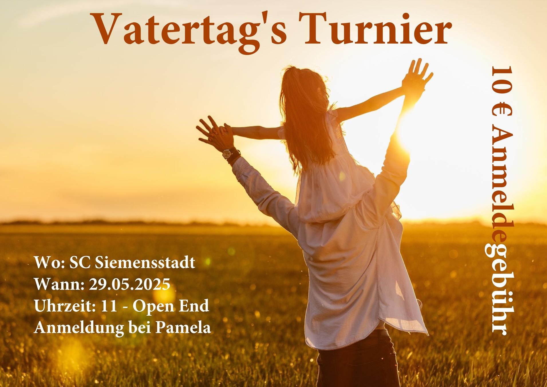 Paar steht in einem Feld bei Sonnenuntergang, der Text kündigt ein Vatertagsturnier an. Informationen sind gut sichtbar.