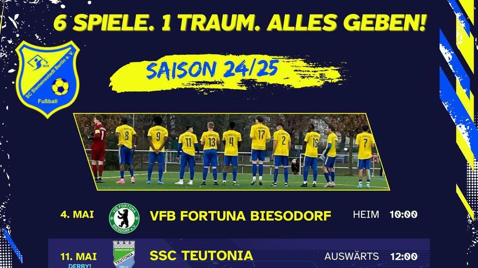 Spielplan der Saison 24/25 mit sechs Fußballspielen, inklusive Daten, Gegner und Spielorte. Team in gelben Trikots.