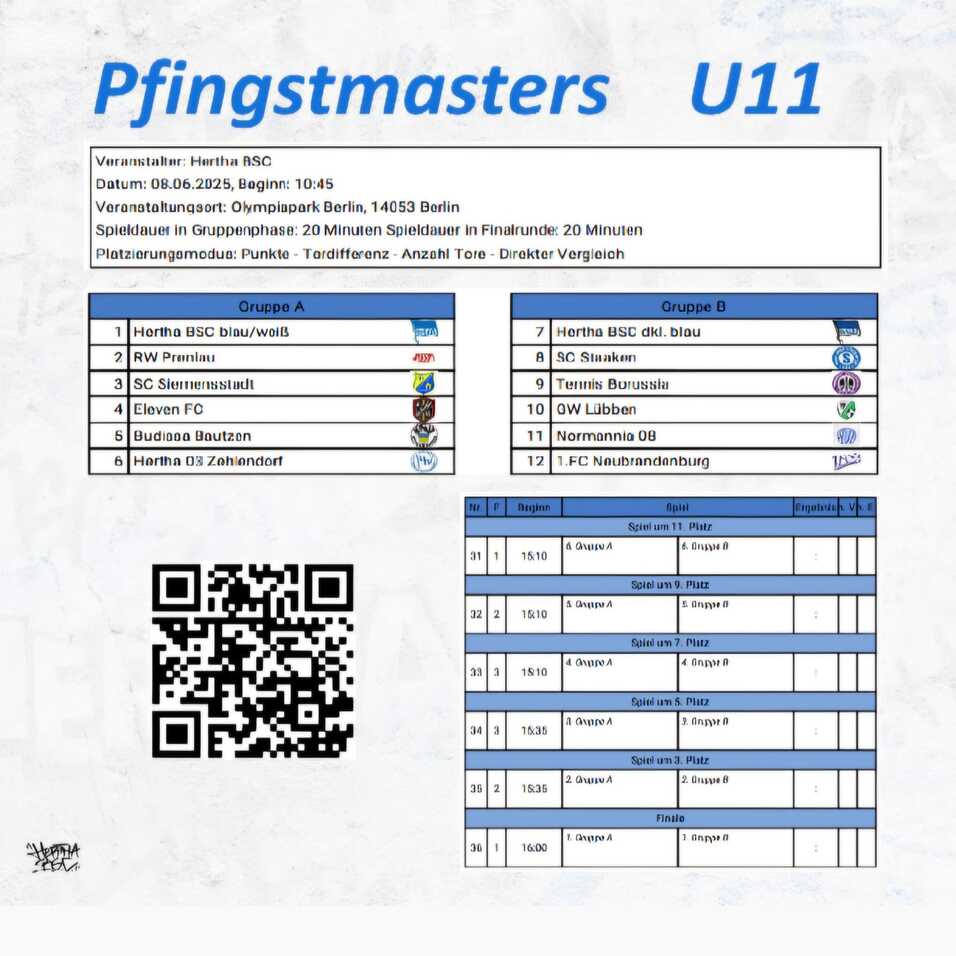 Details zur U11-Pfingstmasters-Veranstaltung von Hertha BSC, inklusive Gruppen und Spielplänen.