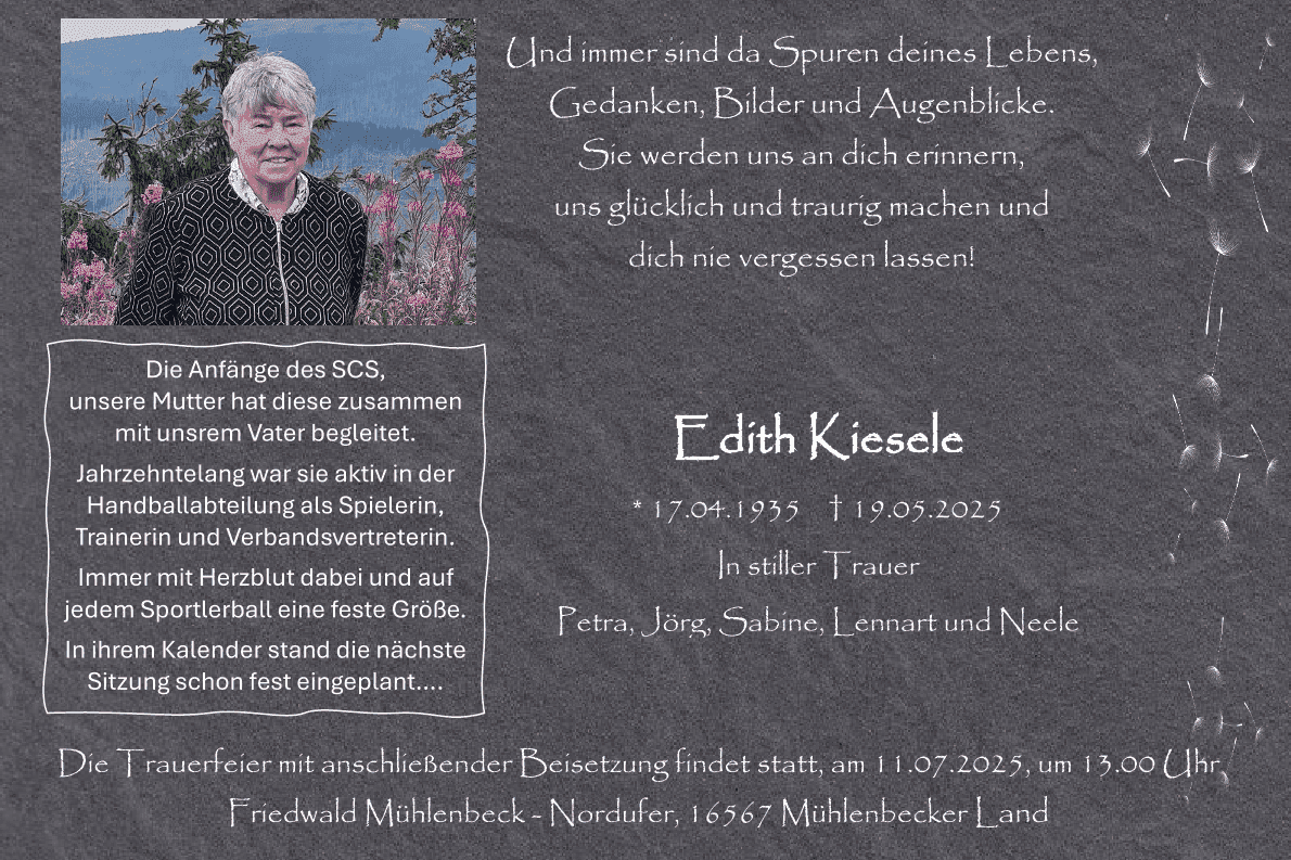 Trauerkarte mit Porträt von Edith Kiesele, Geburts- und Sterbedaten sowie Beisetzungsdetails in stilvollem Design.