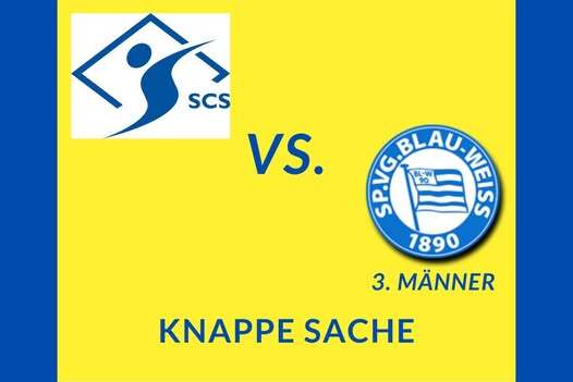 Grafik mit den Logos von SCS und SpVgg Blau-Weiß 1890, Titel: "Spielbericht vom 22.09.24, knappe Sache."
