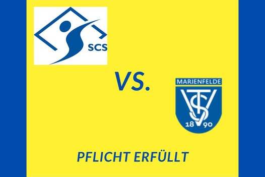 Spielbericht vom 04.05.25: SCS gegen Marienfelde, mit dem Text „Pflicht erfüllt“ auf gelbem Hintergrund.