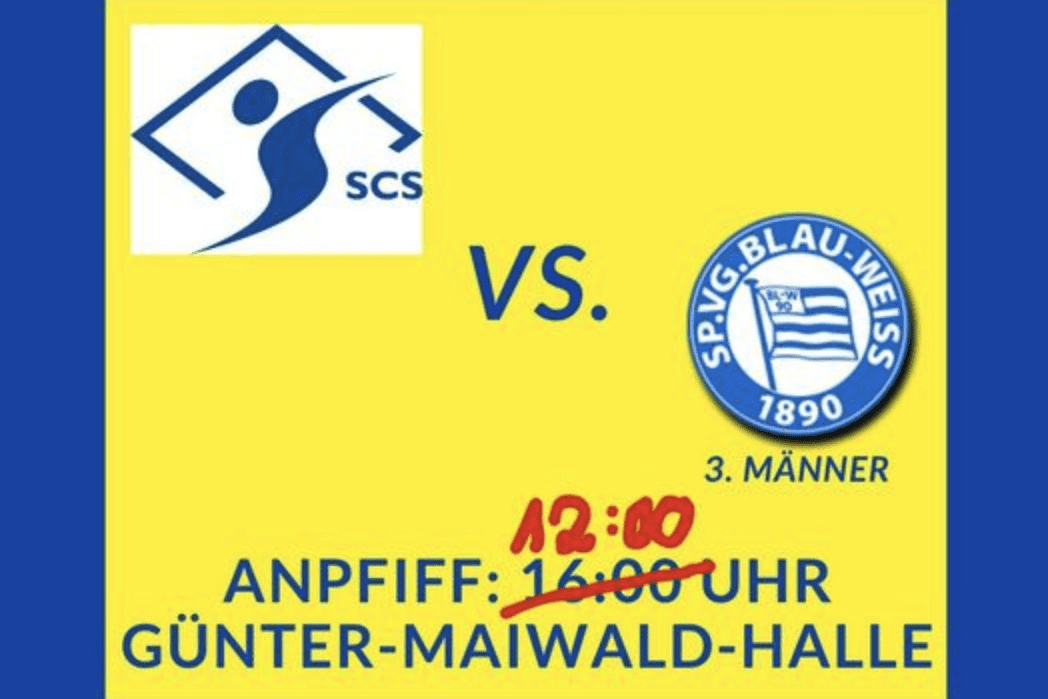 Ankündigung eines Heimspiels am 22.09.24: SCS gegen SPV Blau-Weiss, Anpfiff 16:00 Uhr in der Günter-Maiwald-Halle.