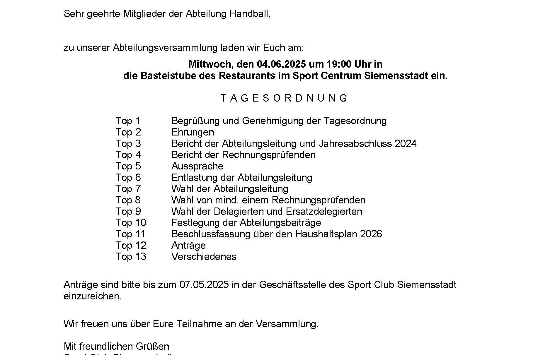 Einladungsschreiben zur Abteilungsversammlung der Handballabteilung am 04.06.2025 im Restaurant Sport Centrum Siemensstadt.