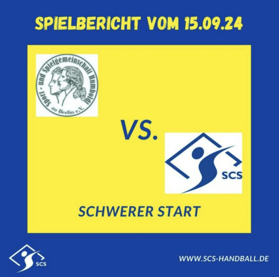 Logo der Spielgemeinschaft Humboldt gegen SCS mit Text „Schwerer Start“ auf gelbem Hintergrund.