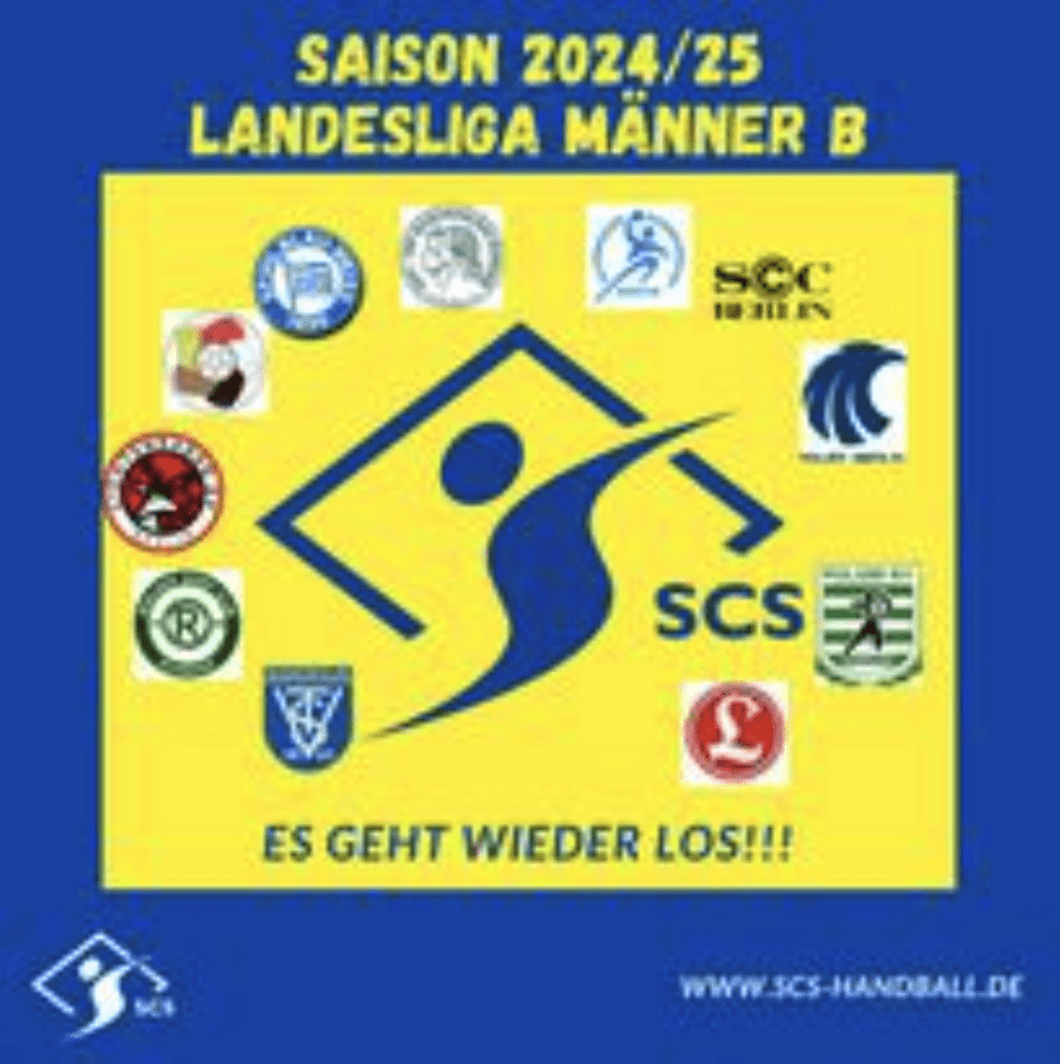 Grafik für die Saison 2024/25 der Handball-Landesliga Männer B mit Vereinslogos auf gelbem Hintergrund.