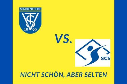 Grafik mit Spielbericht vom 07.12.24: Logo von Marienfelde gegen SCS, Text &bdquo;Nicht sch&ouml;n, aber selten&ldquo; auf gelbem Hintergrund.