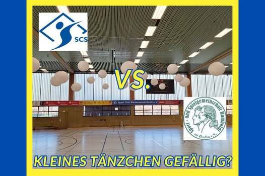 Spielberichts-Grafik mit zwei Logos und der &Uuml;berschrift &bdquo;Kleines T&auml;nzchen gef&auml;llig?&ldquo; auf hellblauem Hintergrund.