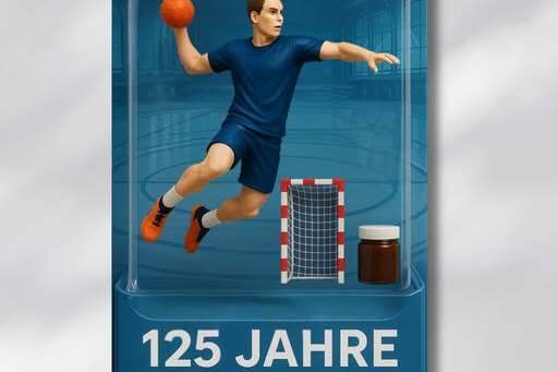 Abgebildet ist eine handgezeichnete Figur eines Handballspielers mit Ball, vor einer Torwand und dem Schriftzug „125 Jahre Sport Club Siemensstadt“.