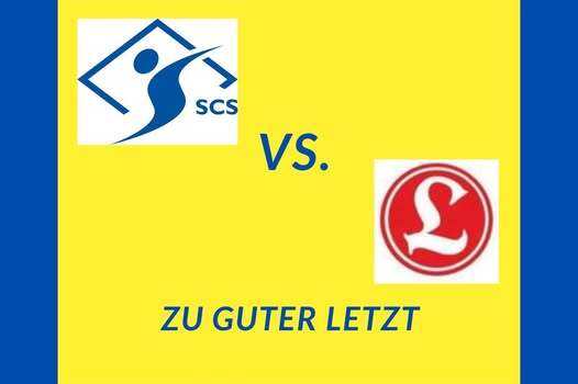 Spielbericht vom 18.05.25: Logo von SCS gegen&uuml;ber Logo der Gegenseite auf gelbem Hintergrund mit dem Titel "Zu guter Letzt".