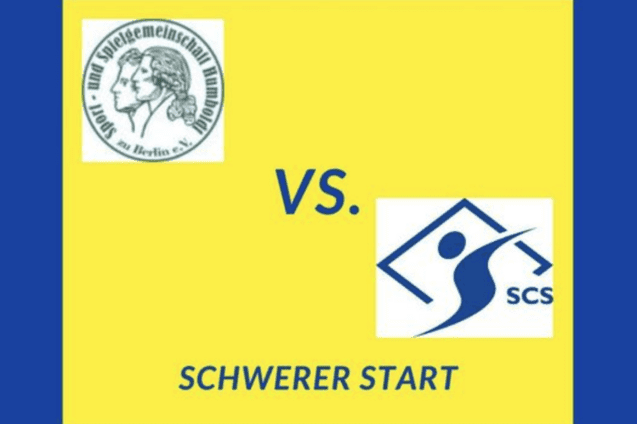 Logo der Spielgemeinschaft Humboldt gegen SCS mit Text &bdquo;Schwerer Start&ldquo; auf gelbem Hintergrund.