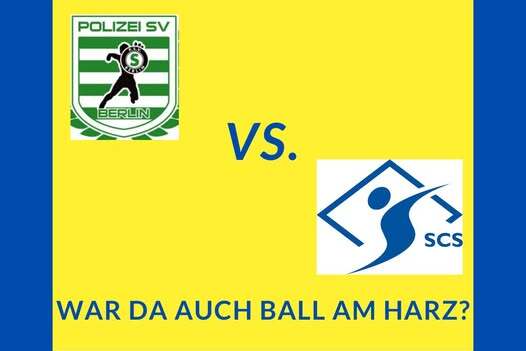 Grafik mit Spielbericht: Logo von Polizei SV Berlin links, Logo von SCS rechts, Text in der Mitte &uuml;ber das Spieldatum.