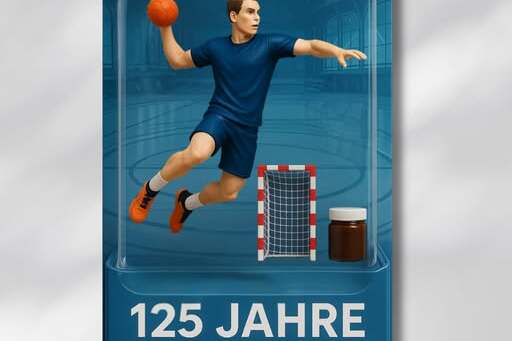 Abgebildet ist eine handgezeichnete Figur eines Handballspielers mit Ball, vor einer Torwand und dem Schriftzug &bdquo;125 Jahre Sport Club Siemensstadt&ldquo;.