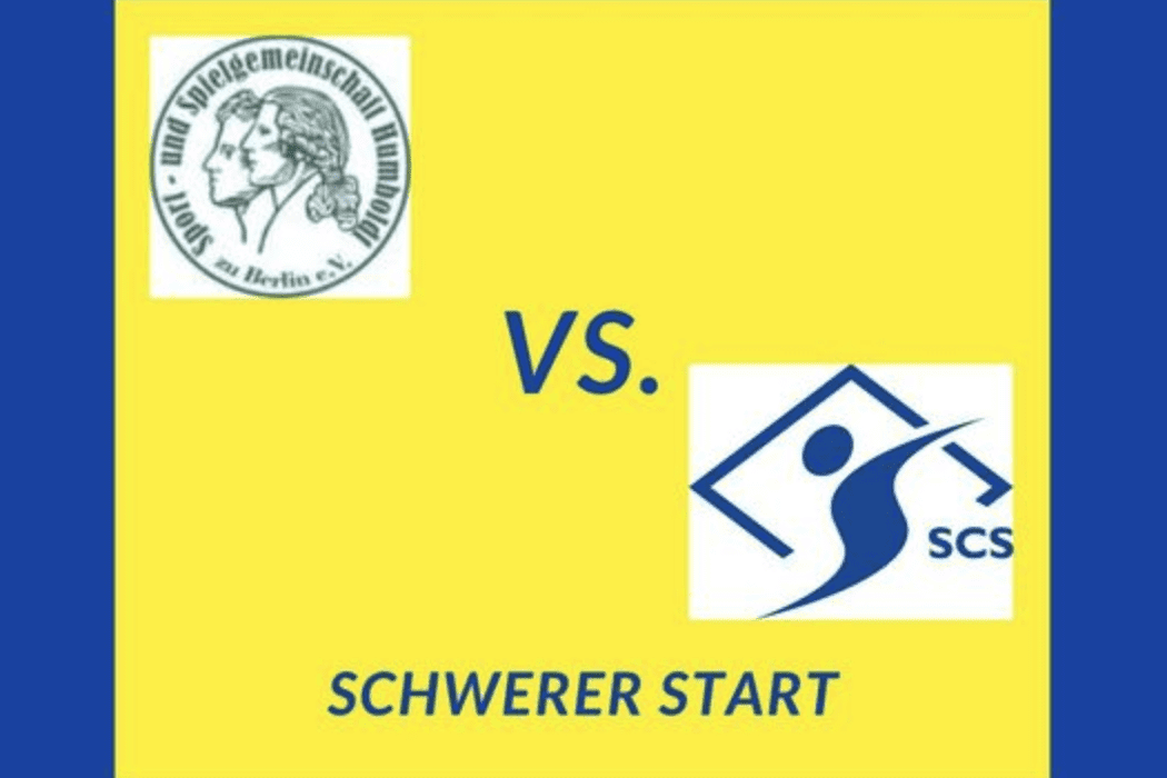 Logo der Spielgemeinschaft Humboldt gegen SCS mit Text &bdquo;Schwerer Start&ldquo; auf gelbem Hintergrund.
