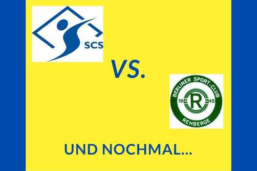 Grafik mit dem Titel &bdquo;Spielbericht vom 23.03.25&ldquo;, zeigt Logos von SCS und Berliner SC Rehberge sowie den Text &bdquo;UND NOCHMAL...&ldquo;.