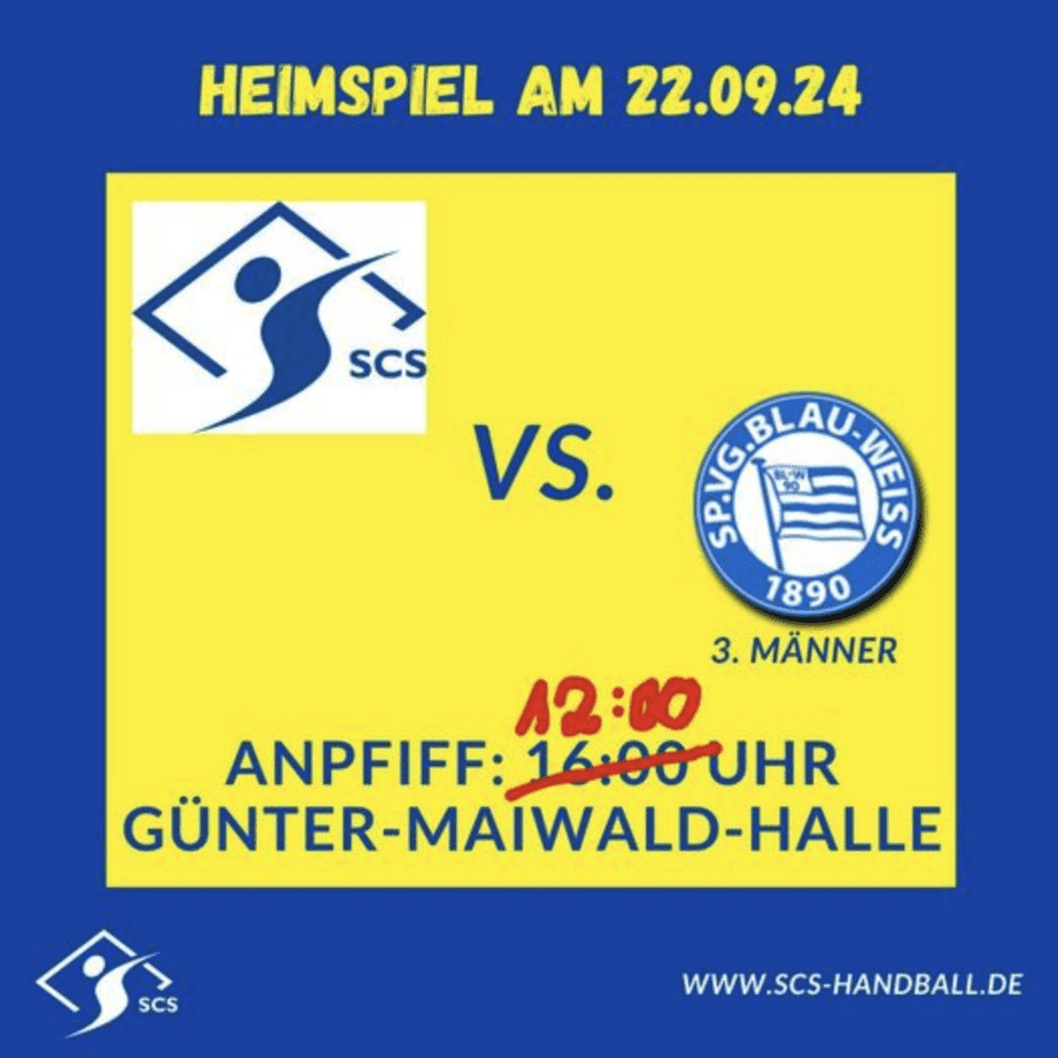 Ankündigung eines Heimspiels am 22.09.24: SCS gegen SPV Blau-Weiss, Anpfiff 16:00 Uhr in der Günter-Maiwald-Halle.