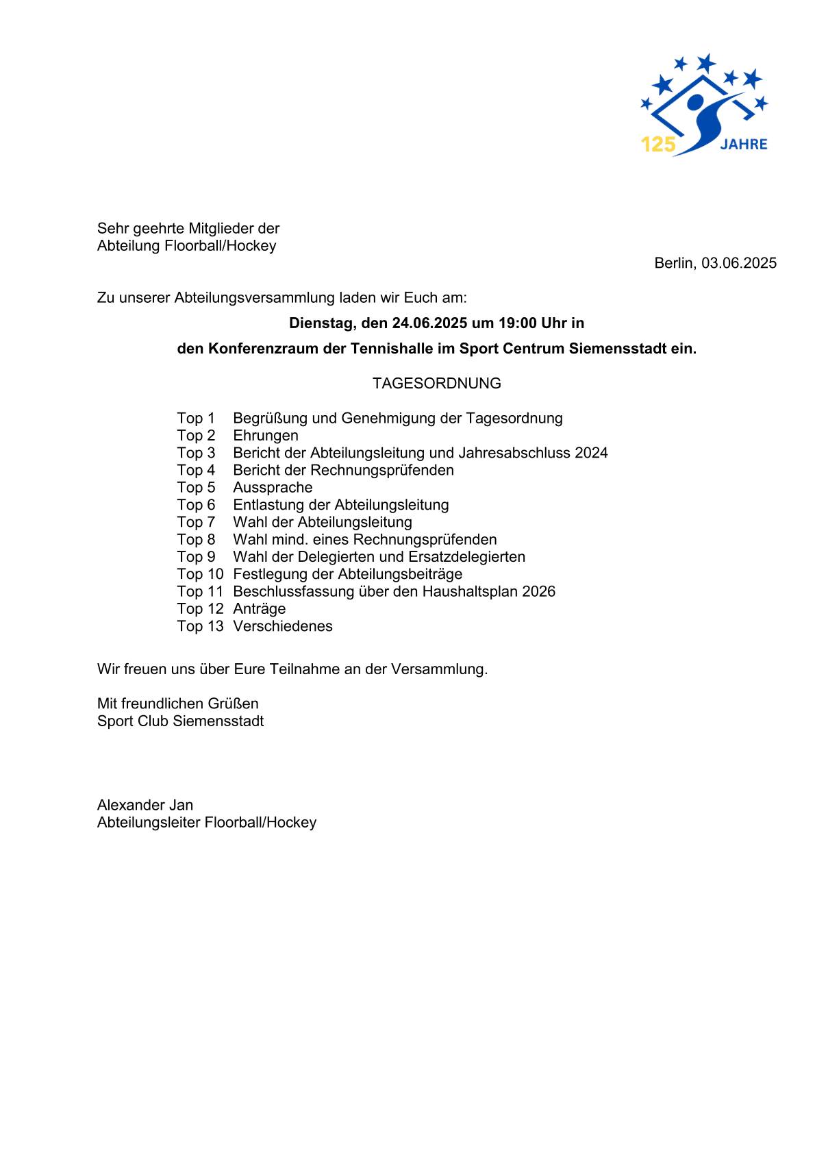 Einladung zur Abteilungsversammlung im Sport Centrum Siemensstadt mit Agenda und Details zur Teilnahme.