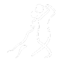 Minimalistische Grafik eines tanzenden Paares in eleganter Pose auf schwarzem Hintergrund.