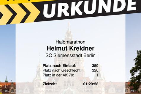 Urkunde für den Halbmarathon Hannover 2024, ausgestellt auf Helmut Kreidner, mit Platzierungen und Zielzeit.