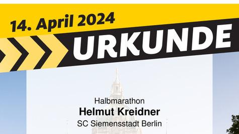 Urkunde für den Halbmarathon Hannover 2024, ausgestellt auf Helmut Kreidner, mit Platzierungen und Zielzeit.