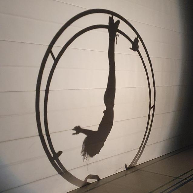 Schatten einer turnenden Person, die an einem kinetischen Ger&auml;t h&auml;ngt, auf einer hellen Wand.