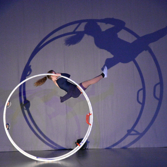 Akrobatin schwingt in einem Ring, w&auml;hrend ihr Schatten an der Wand eine dynamische Pose zeigt.