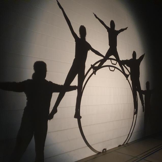 Schatten von vier Menschen, die auf einem großen Reifen stehen und dabei verschiedene Posen einnehmen.