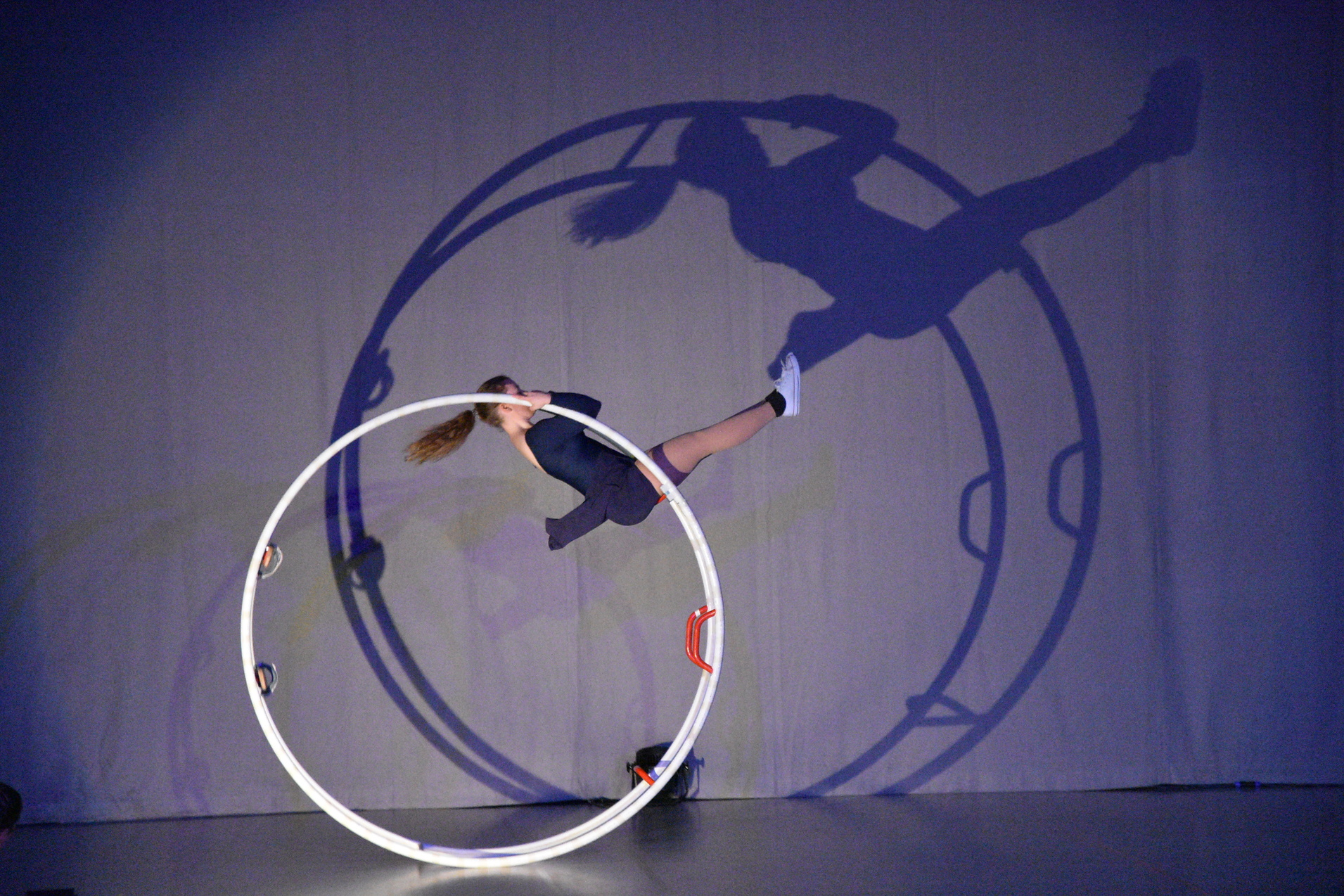Akrobatin schwingt in einem Ring, w&auml;hrend ihr Schatten an der Wand eine dynamische Pose zeigt.