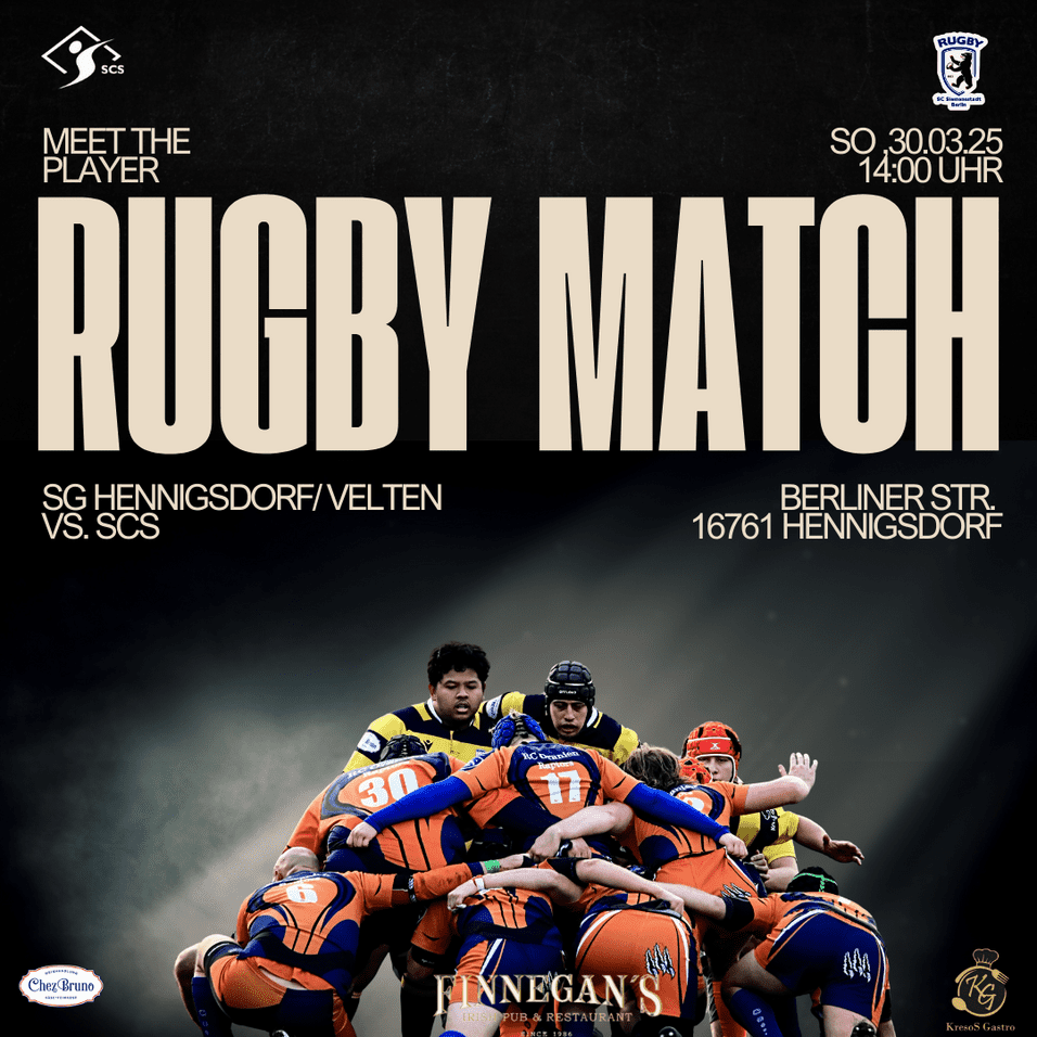 Plakat zu einem Rugby-Match zwischen SG Hennigsdorf/Velten und SCS am 30.03.2025 in Hennigsdorf.