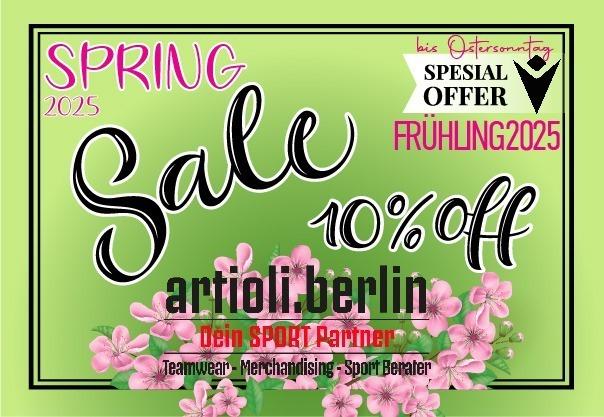 Frühlings-Sale 2025 mit 10% Rabatt, Marke artifoli.berlin, rosa Blumen auf grünem Hintergrund.