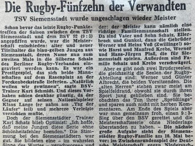Zeitungsartikel über ein Rugbyspiel zwischen TSV Siemenstadt und BSV 92, Meisterschaftsentscheidung und Teamzusammensetzungen.