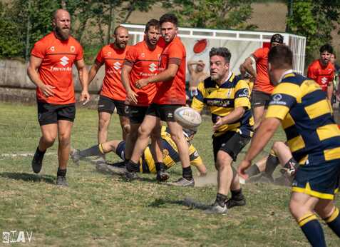 Rugby-Spieler in roten und gelben Trikots treten auf einem Rasenfeld während eines Spiels gegeneinander an.