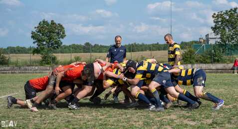 Rugby-Spieler in Rot und Blau bilden einen Scrum auf einem Grasfeld, mit einem Schiedsrichter im Hintergrund.