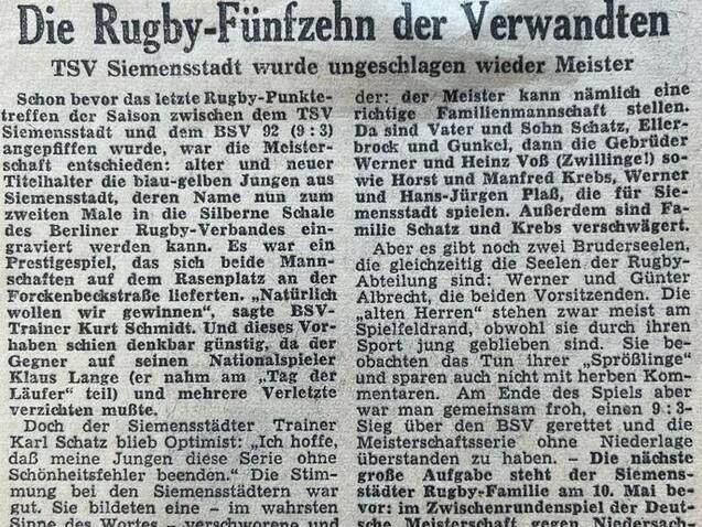 Zeitungsartikel über ein Rugbyspiel zwischen TSV Siemenstadt und BSV 92, Meisterschaftsentscheidung und Teamzusammensetzungen.