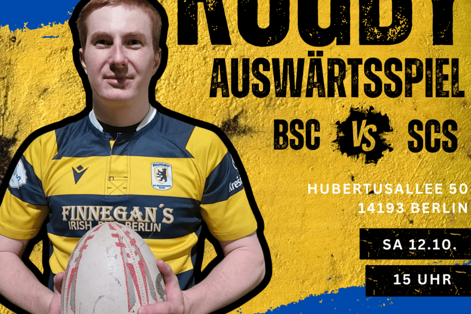 Portrait eines Rugbyspielers in einem gestreiften Trikot mit Rugbyball, Hintergrund mit Eventdetails und Logos.