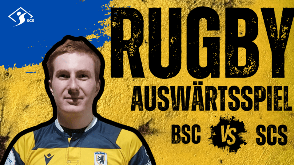 Portrait eines Rugbyspielers in einem gestreiften Trikot mit Rugbyball, Hintergrund mit Eventdetails und Logos.