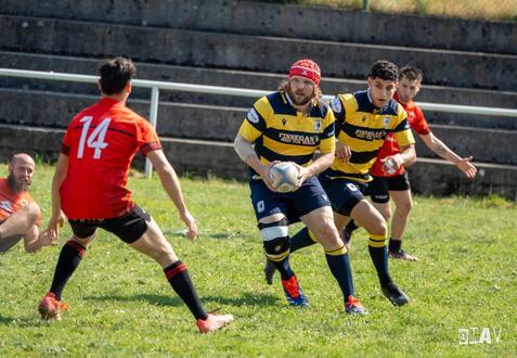 Spieler in gestreiften Trikots laufen mit einem Rugbyball auf einem grünen Feld, während Gegner in roten Trikots positioniert sind.