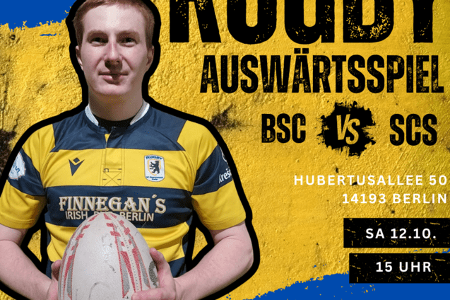 Portrait eines Rugbyspielers in einem gestreiften Trikot mit Rugbyball, Hintergrund mit Eventdetails und Logos.