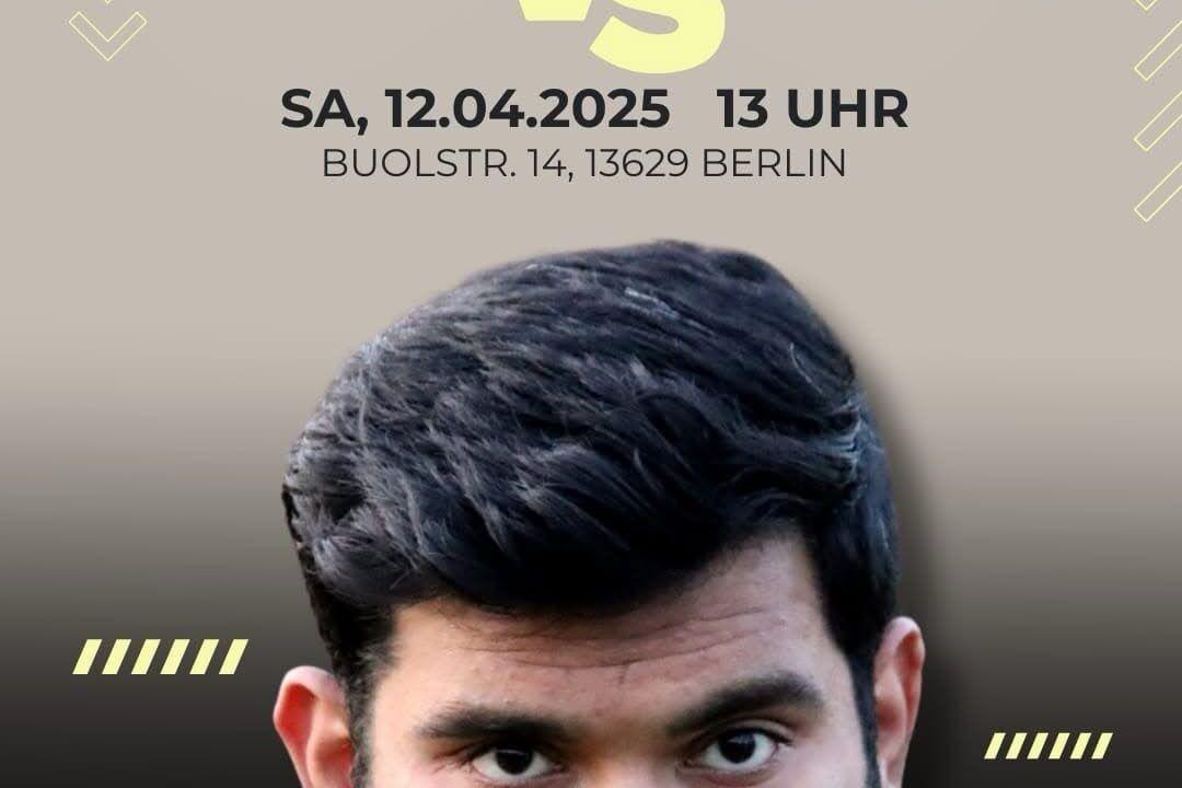 Portr&auml;t eines Rugbyspielers mit Bart in gelb-blauem Trikot, Hintergrund mit Eventdetails und Vereinslogo.