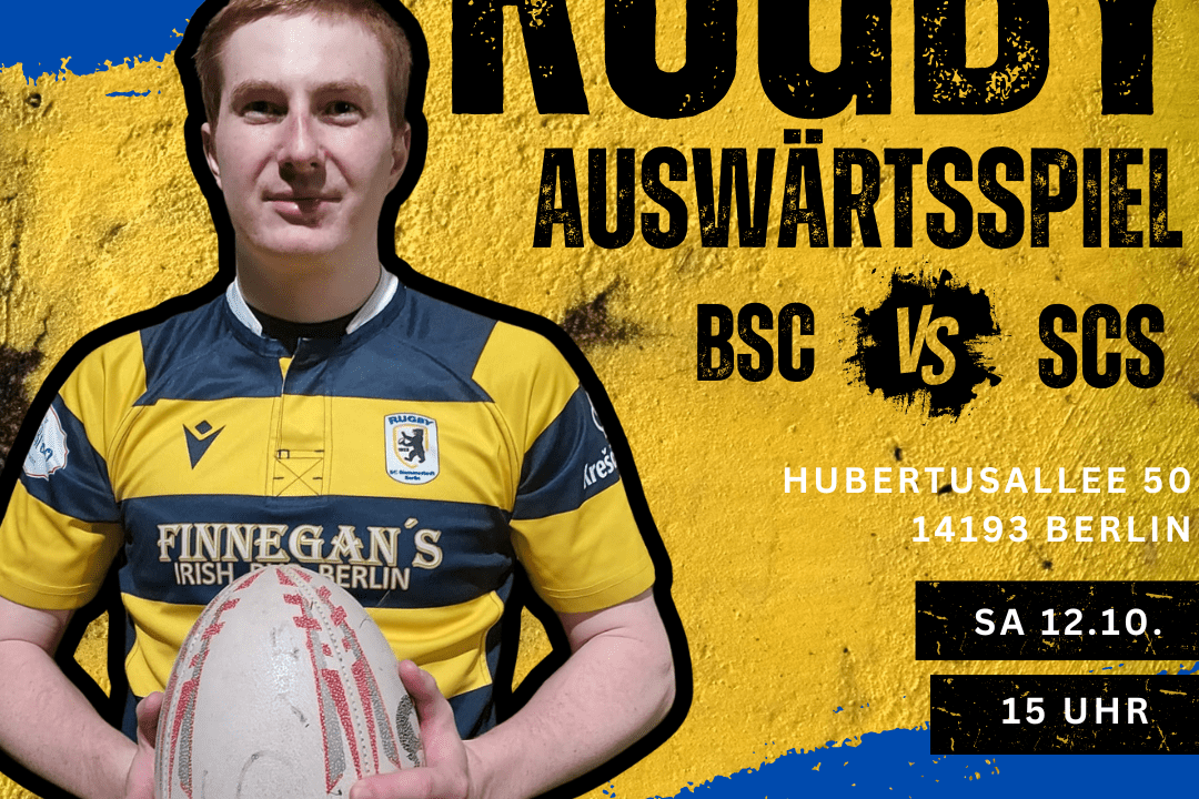 Portrait eines Rugbyspielers in einem gestreiften Trikot mit Rugbyball, Hintergrund mit Eventdetails und Logos.