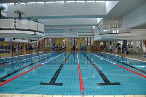 Innansicht eines Schwimmbads mit mehreren Sportlern, die sich am Beckenrand aufstellen.