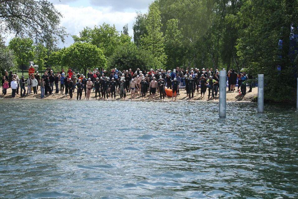 Gruppe von Schwimmern in Neoprenanz&uuml;gen am Ufer eines Gew&auml;ssers, umgeben von Zuschauern unter B&auml;umen.
